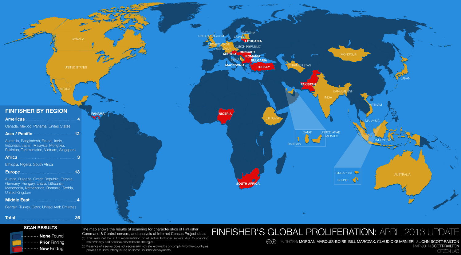 Map showing installations of FinFisher worldwide