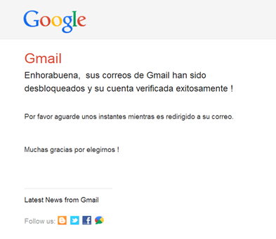 Image 21: A Spanish language note “confirming” that their gmail has been “unblocked”