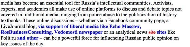 Figure 18: A second section in same document showing once more how several media outlets, including Echo Moscow, RosBusinessConsulting, and Vedomosti have been added.