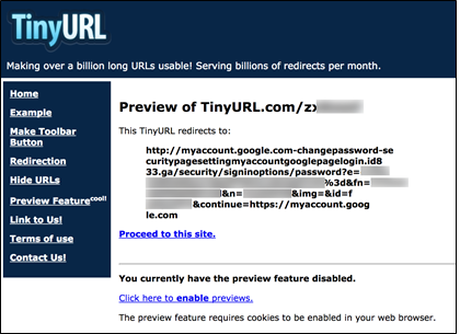 Figure 23: TinyURL preview of a second level redirect of a phishing link